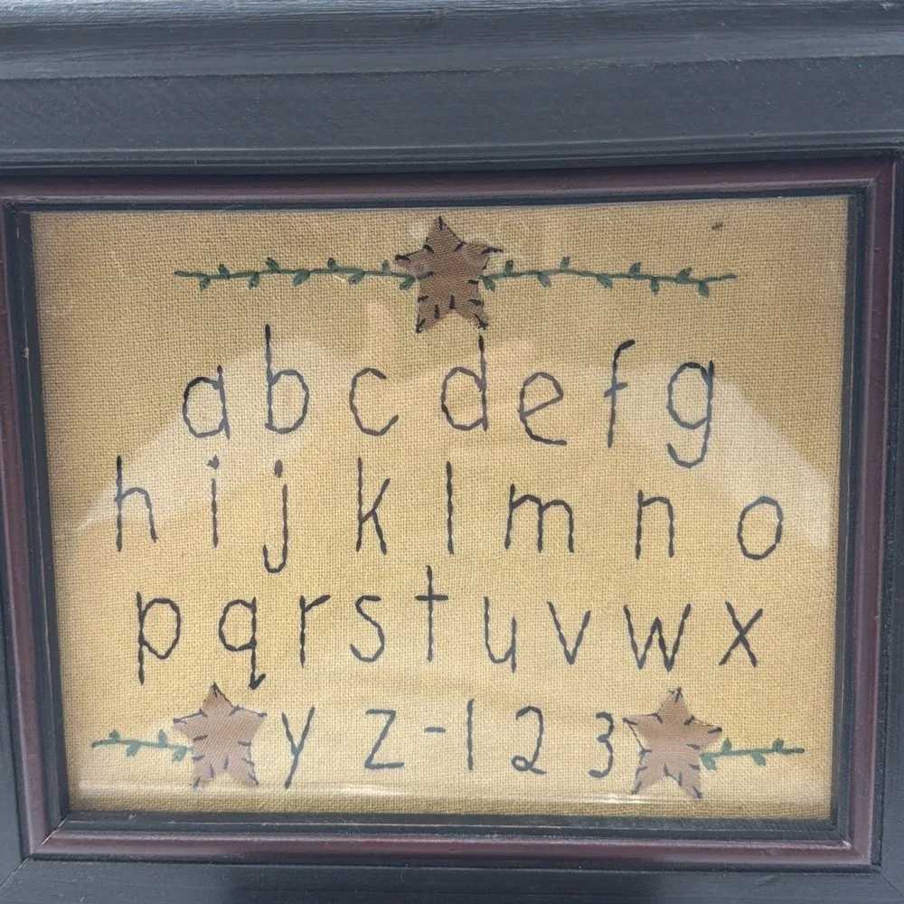 Primitive Alphabet Cross Stitch Sampler Shelf Picture Frame Décor Accent Piece